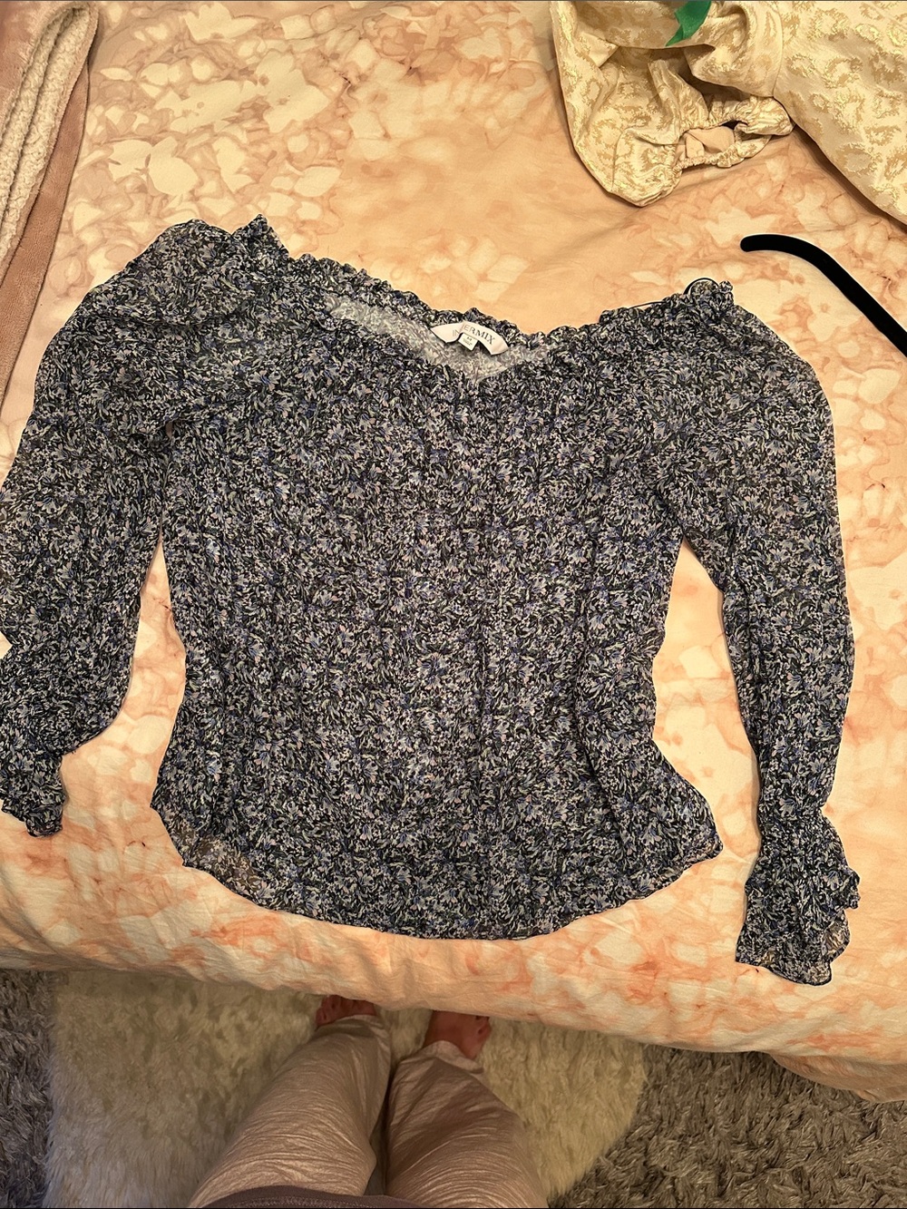 INTERMIX Blue Floral Smocked Off-Shoulder Blouse